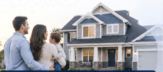 Family standing in front of a home